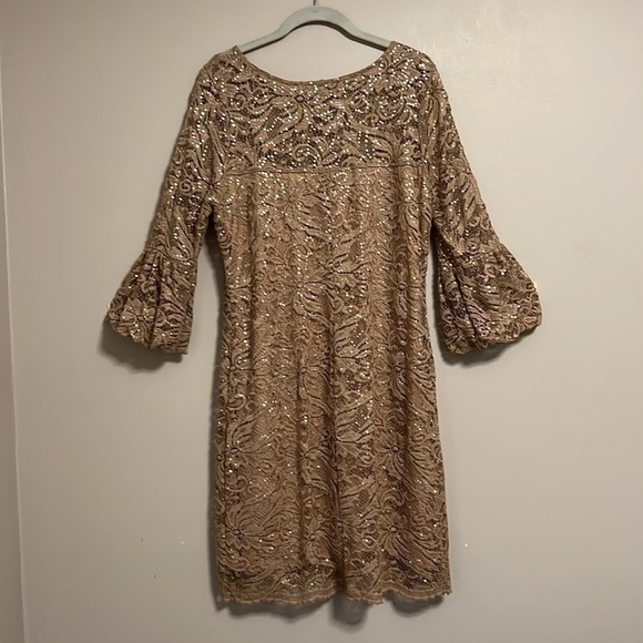 Lace Floral Semi Sheer Overlay Tan Sequin Midi Bubble Sleeve Dress Size 12 - Picture 5 of 11